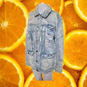PREME Distressed Denim Trucker Jacket Rips Faded‎ Blue Mens Small